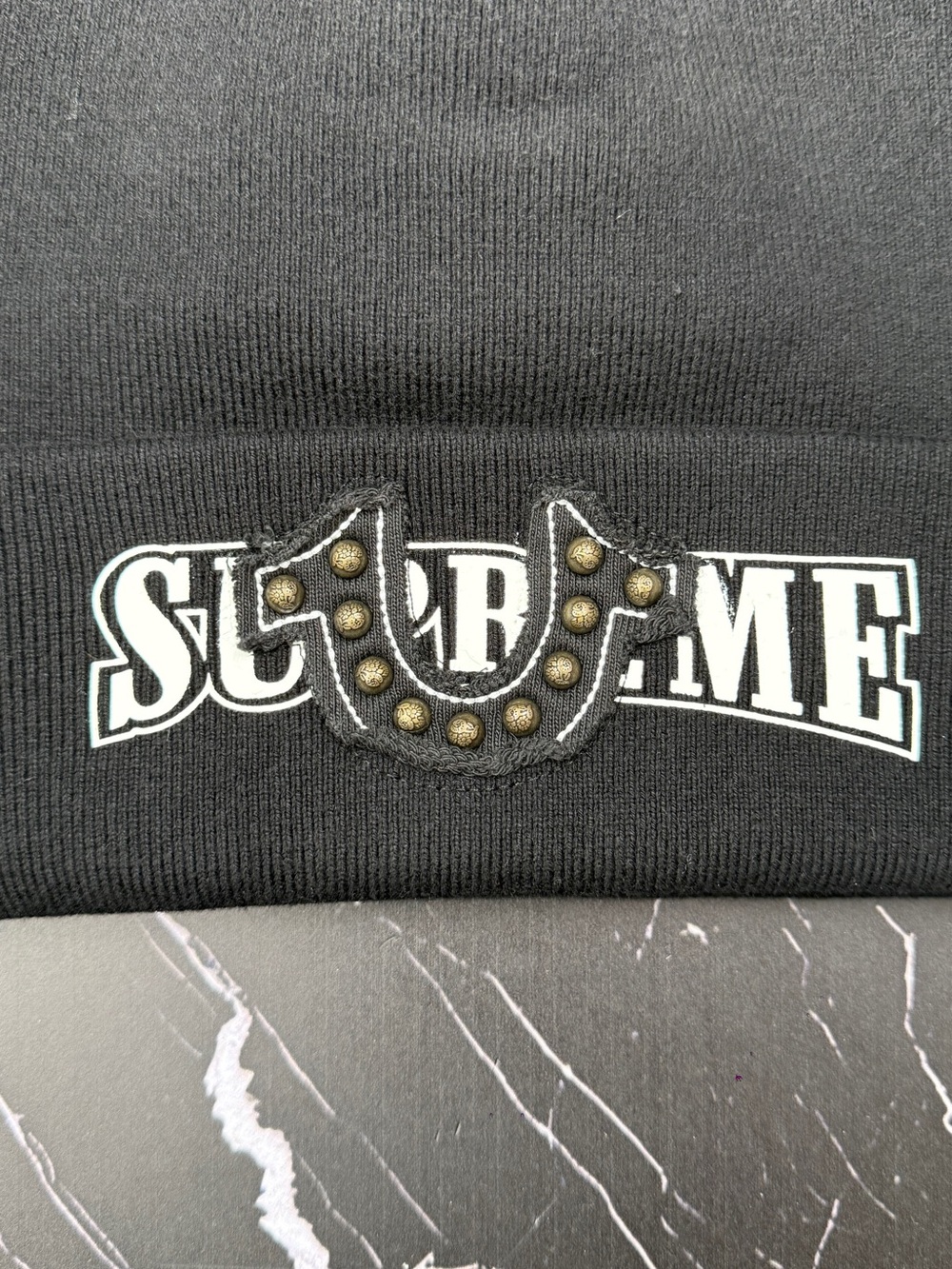Supreme Black Beanie with Studded Horseshoe Patch - Picture 2 of 5